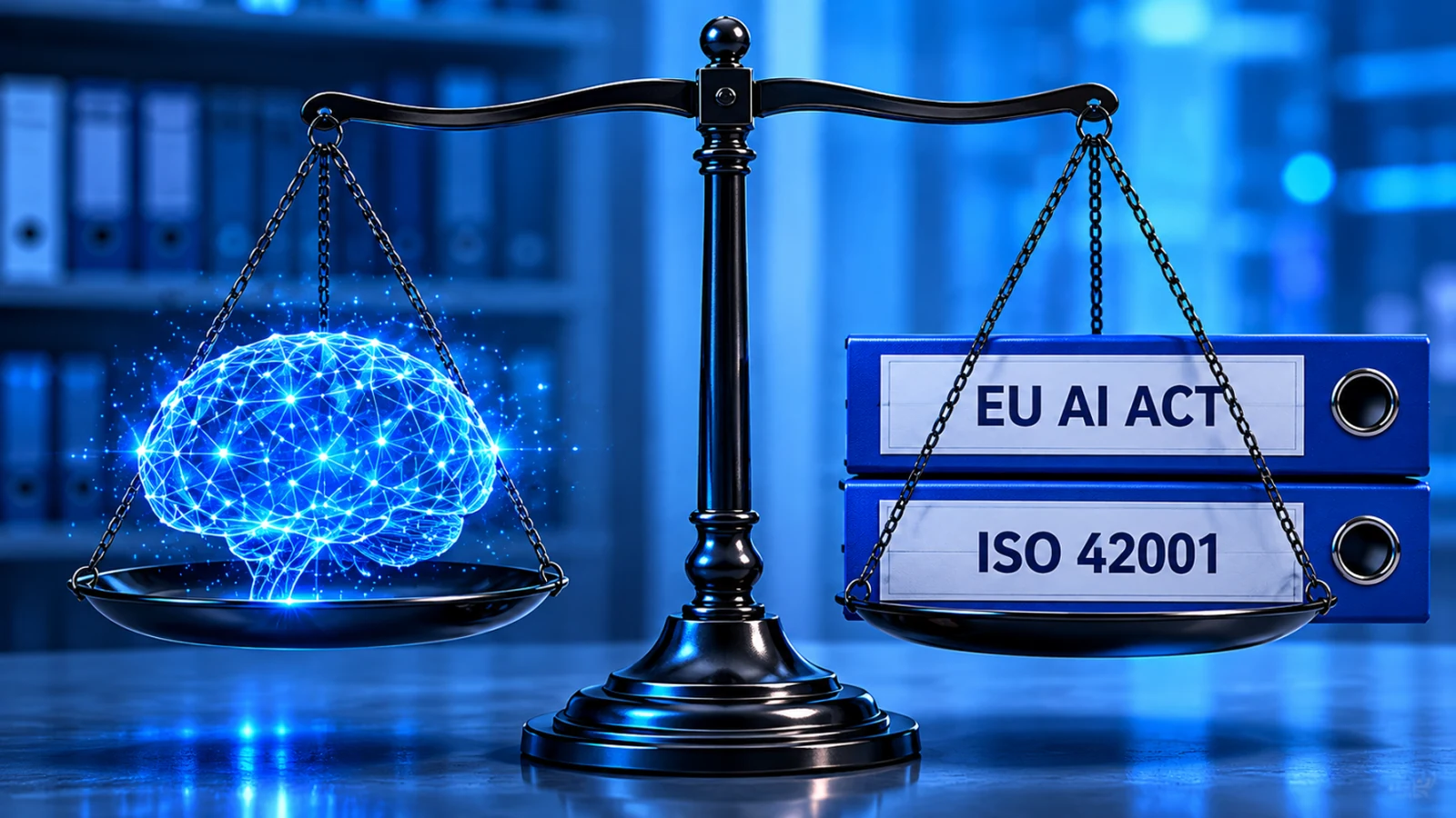 Scales weighing an AI brain against EU AI Act and ISO 42001 binders