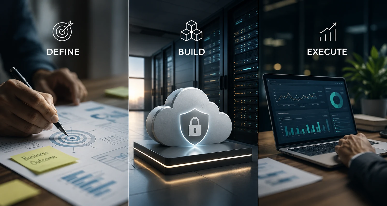 Define, Build, Execute stages of AI transformation